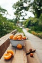 Ripe juicy homemade apricots with cracks and flaws in the plate and scattered on wooden boards against the background of a green