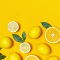 Ripe juicy lemons, orange and green leaves on bright yellow background. Lemon fruit, citrus minimal concept, vitamin C. Creative Royalty Free Stock Photo