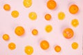 Ripe juicy oranges and tangerines with dried orange chips scattered on pink background