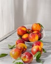 Ripe juicy peaches lie in a plate on a wooden table. Royalty Free Stock Photo