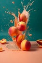 Ripe juicy peaches with splashes of drops of water or juice on a blue background, Generative AI 3