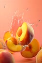 Ripe juicy peaches with splashes of drops of water or juice on a pink background, Generative AI