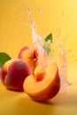 Ripe juicy peaches with splashes of drops of water or juice on a yellow background, Generative AI