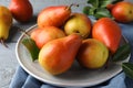 Ripe juicy pears on grey wooden table, closeup Royalty Free Stock Photo
