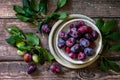 Ripe juicy plums in a bowl on a wooden background. Royalty Free Stock Photo