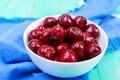 Ripe juicy red cherries in a ceramic bowl Royalty Free Stock Photo