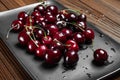 Ripe juicy sweet cherries in a black plate on a wooden background. Wet fresh cherries with water drops Royalty Free Stock Photo