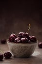 Ripe juicy sweet cherries with water drops in a ceramic bowl Royalty Free Stock Photo