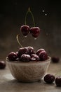 Ripe juicy sweet cherries with water drops in a ceramic bowl Royalty Free Stock Photo
