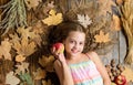 Ripe and juicy. Vitamin food for healthy growth. Little girl enjoy eating apples. Organic and natural food for kids Royalty Free Stock Photo