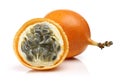 Ripe juicy whole and half granadilla on white background