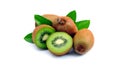 Ripe kiwi fruits and cut kiwi fruits isolated on white background Royalty Free Stock Photo