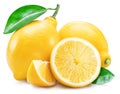 Ripe lemon fruits with lemon slices and leaves isolated on white background Royalty Free Stock Photo