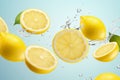 Ripe lemons flying in the air with splashes of water on a light blue background. AI generated