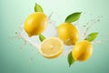 Ripe lemons flying in the air with splashes of water on light green background. AI generated
