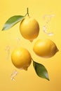 Ripe lemons flying in the air with splashes of water on yellow background. AI generated