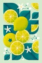 Ripe Lemons with leaves and flowers. Illustration with grain and noise texture.