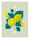 Ripe Lemons with leaves and flowers. Illustration with grain and noise texture.