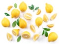 Ripe lemons and lemon leaves on white background. Top view.