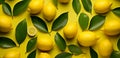 Ripe lemons and lemon leaves on a yellow background. Top view Royalty Free Stock Photo