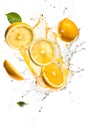 Ripe lemons with splashes of drops of water or juice on a white background, Generative AI