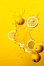 Ripe lemons with splashes of drops of water or juice on a yellow background, Generative AI 2