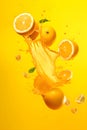 Ripe lemons with splashes of drops of water or juice on a yellow background, Generative AI 4