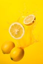 Ripe lemons with splashes of drops of water or juice on a yellow background, Generative AI 8