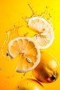 Ripe lemons with splashes of drops of water or juice on a yellow background, Generative AI 9