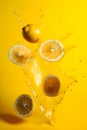 Ripe lemons with splashes of drops of water or juice on a yellow background, Generative AI 3