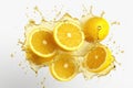 Ripe lemons and splashes of water on a white background. AI generative