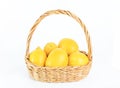 Ripe lemons in wicker basket on white isolated background. Royalty Free Stock Photo