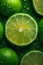 Ripe lime slice with water drops, closeup, macro, food background. Vertical image.