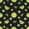 Ripe lime slices and green mint leaves isolated on black background. Seamless pattern for room decor, textile, print wrapping, Royalty Free Stock Photo