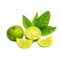 Ripe limes with green leaf. Isolated on white background Royalty Free Stock Photo