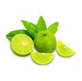 Ripe limes with green leaf. Isolated on white background Royalty Free Stock Photo