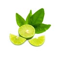 Ripe limes with green leaf. Isolated on white background Royalty Free Stock Photo