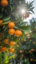 Ripe Mandarin Oranges on Tree Branch with Sunburst Light in Orchard Royalty Free Stock Photo