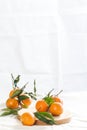 Ripe mandarins with twigs on a round board. A photo with negative space..