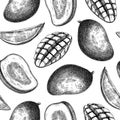 Ripe mango background. Tropical fruit seamless pattern. Hand drawn vector illustration. Exotic plant with fruit sketches. Summer Royalty Free Stock Photo