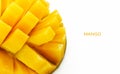 Ripe mango cut into cubes, macro, white background Royalty Free Stock Photo