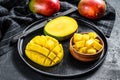 A ripe mango. Cut into cubes tropical fruit. Black background. Top view Royalty Free Stock Photo