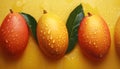Ripe mango fruits in water drops on the leaves. Studio light Royalty Free Stock Photo