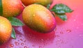 Ripe mango fruits in water drops on the leaves. Studio light Royalty Free Stock Photo