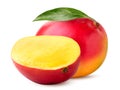 Ripe mango with leaf and half on a white background. Isolated Royalty Free Stock Photo