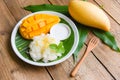 Ripe mango rice cooked with coconut milk, Sticky rice summer tropical fruit food Asian Thai dessert sweet mango peel and sliced on Royalty Free Stock Photo