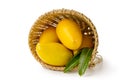 Ripe yellow mango in basket isolated white background Royalty Free Stock Photo