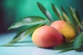 Ripe mangoes on a green with leaves background. Generative AI Royalty Free Stock Photo