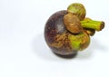 Ripe mangosteen fruit side view picture, isolated on a white background