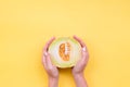 Woman& x27;s hands hold a cut melon in half. Ripe melon cut in half on a bright yellow background. Royalty Free Stock Photo